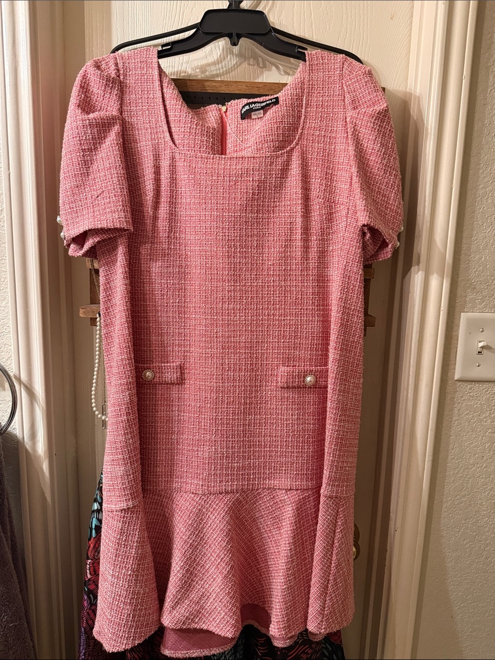 Karl Lagerfeld Pink Tweed Ruffle-Hem Mini Dress